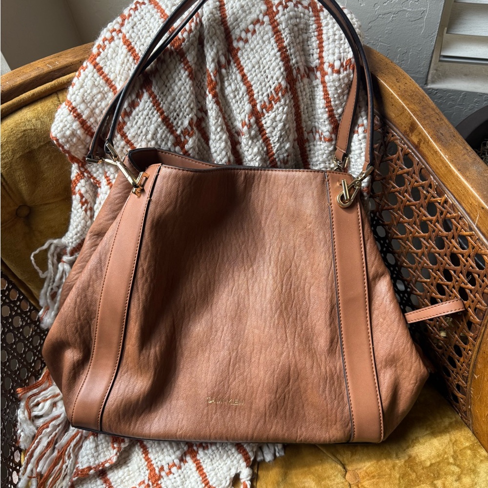 Elegant Calvin Klein Brown 3 compartment Leather Tote Bag